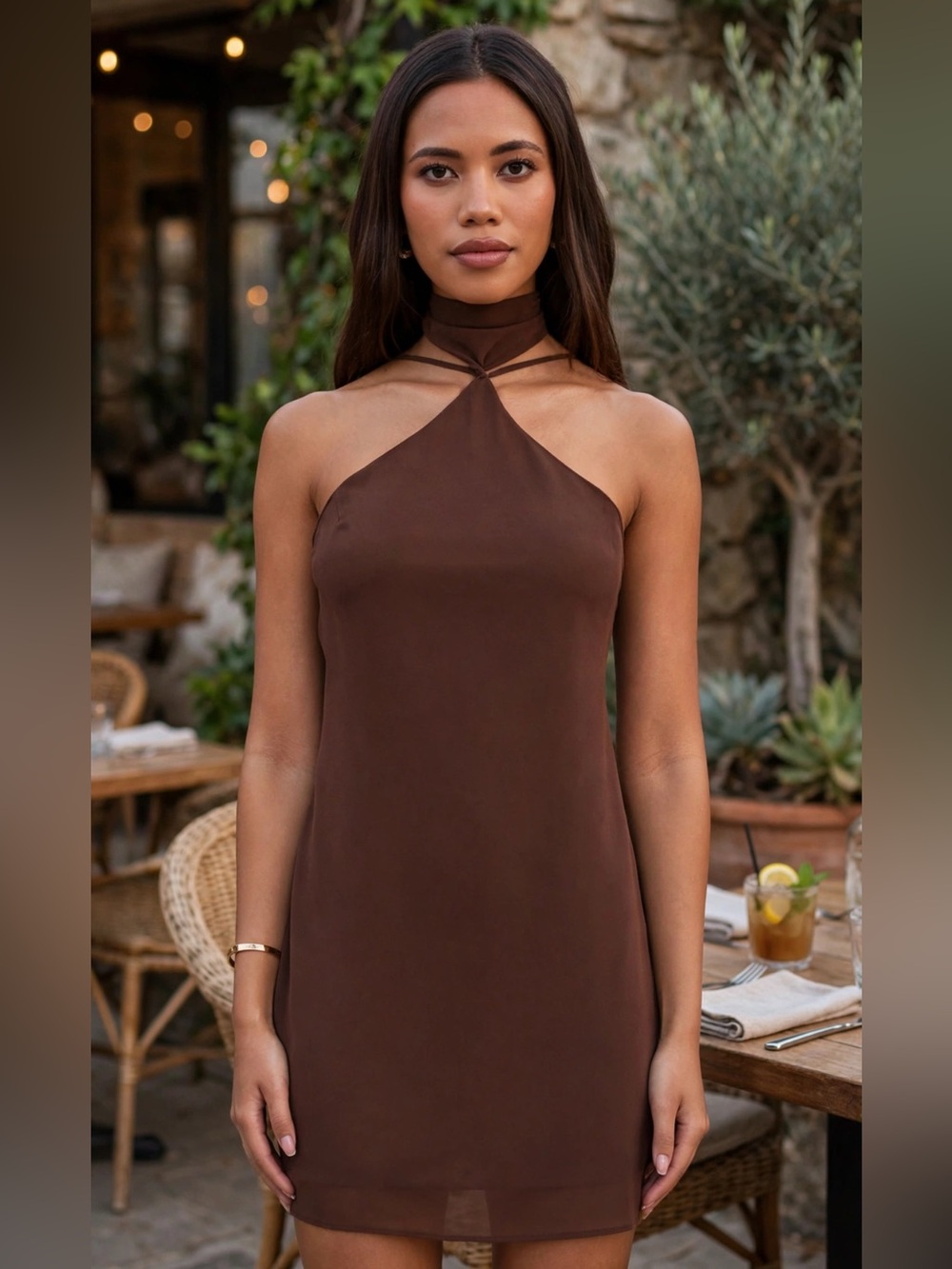 BROWN HALTER DRESS